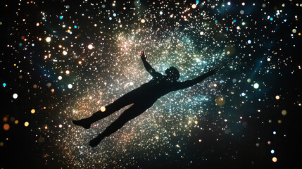 Naklejka premium Astral Projection: Cosmic Silhouette, Starry Night, Ethereal Glow, Spaceman, Background
