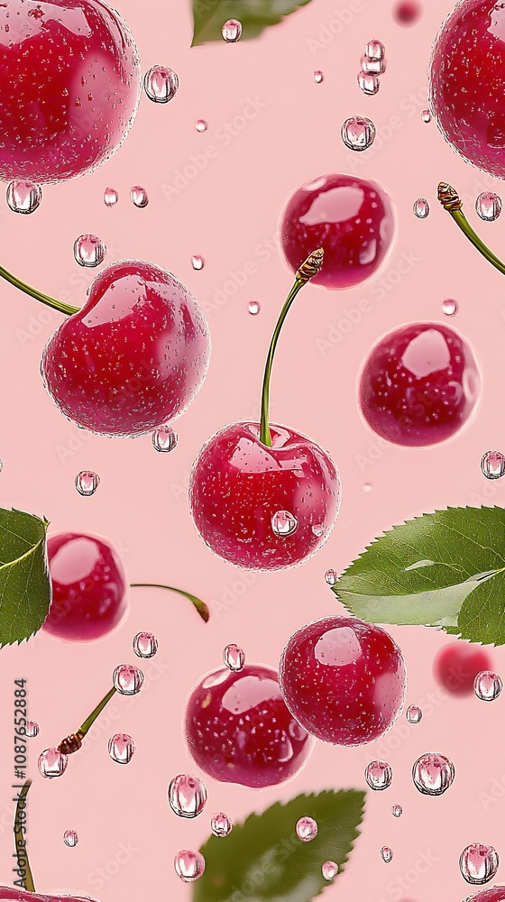Aufkleber ripe red cherries with dew drops and green foliage floating on pink background : generative ai