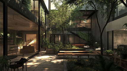 Fototapeta premium Modern Concrete Courtyard House: Lush Greenery, Indoor Plants, Architectural Design