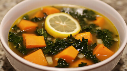 A sweet potato and kale soup with garlic and lemon.