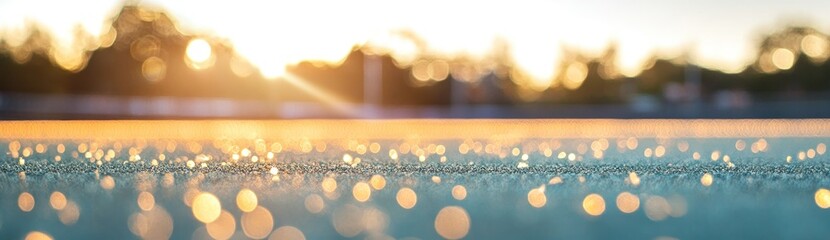 A serene sunset scene with bokeh effects on a surface, evoking tranquility and beauty.