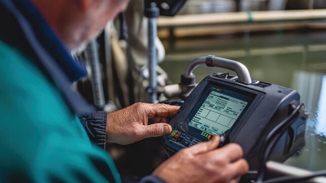 Scientist analyzes water quality using a precise monitoring device at a research facility