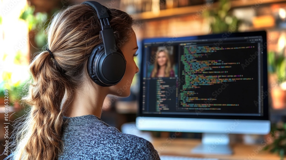 Poster a woman wearing a headset works on programming with coding displayed on a computer screen