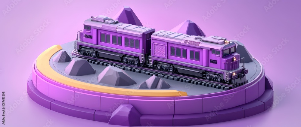 Poster A stylized purple train model on a circular base with geometric mountains in the background.