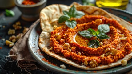 A delectable plate of Lebanese muhammara, roasted red pepper and walnut dip served with pita bread