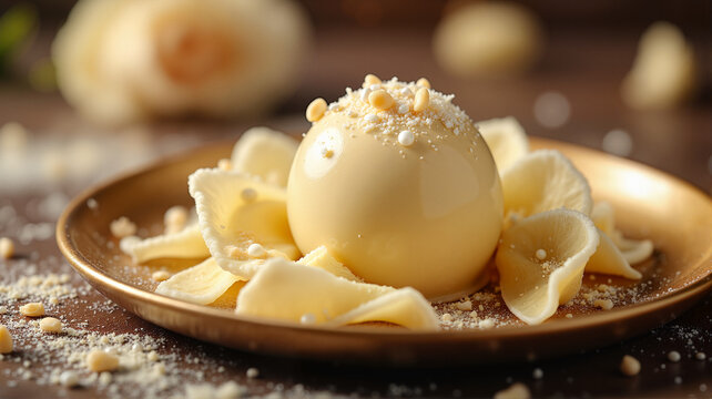 Elegant white chocolate truffle dessert with chocolate shavings - perfect for gourmet food blogs, confectionery websites, and luxury dessert presentations