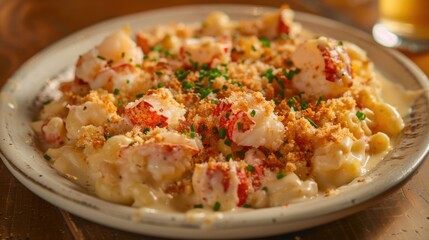 A delectable plate of lobster mac and cheese with chunks of tender lobster meat, baked with a golden breadcrumb topping