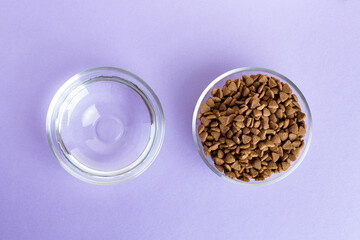 Dry pet food in a glass jar and bowl close-up on a lilac background. View from above