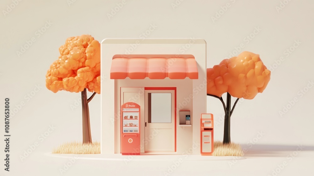 Poster a small, stylized building with a vending machine and colorful trees.