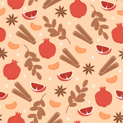 Christmas seamless pattern with winter fruits, pomegranate, tangerine, dates and anise