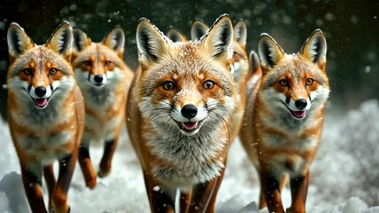 Energetic foxes running through snowy forest in winter