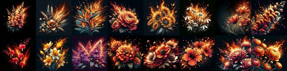Fire splash flowers. AI generated illustration