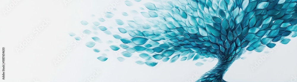 Poster an abstract representation of a tree with flowing leaves in shades of blue.