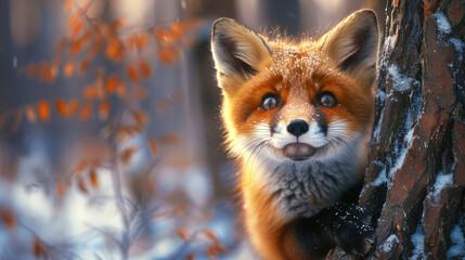 Naklejka premium Little red fox cub peeks out from behind tree with eyes wide. Curiosity animal on blurred winter forest background.