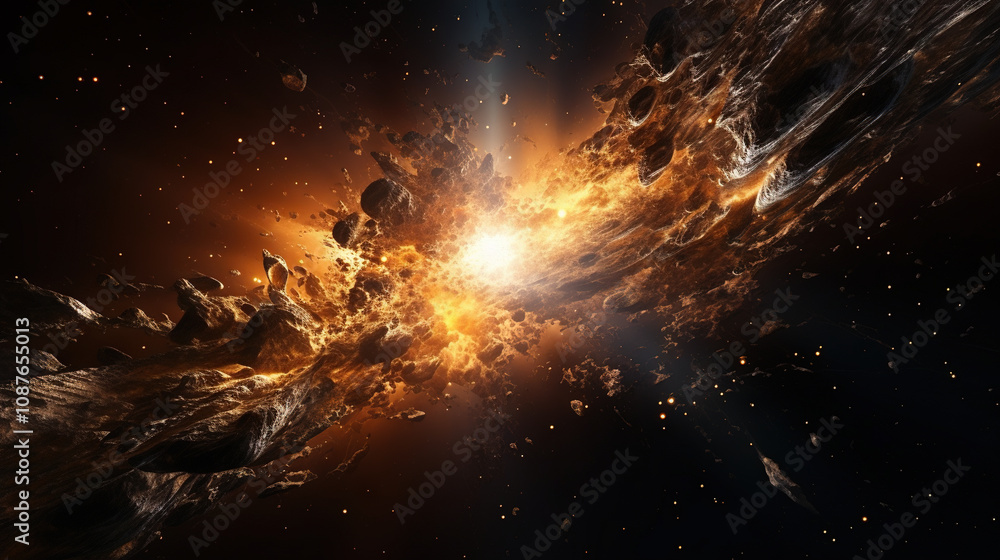 Poster abstract explosion in space with rocks and stones burst in flame, sci-fi and technology background