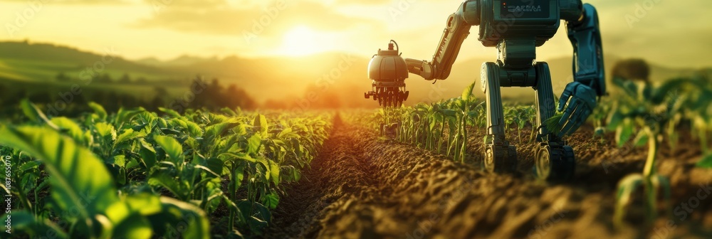 Poster robotic machines are actively working on a farm, planting crops as the sun sets over the lush green 