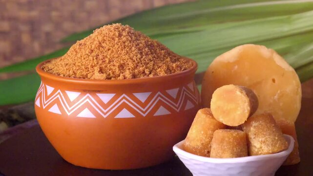Jaggery powder with jaggery cubes. Jaggery is used as an ingredient in sweet and savoury dishes in the cuisines of India.