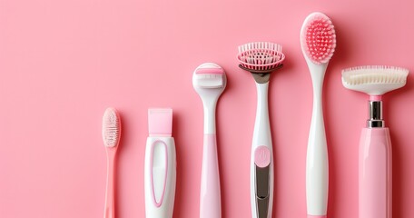 Flat-lay set of epilation equipment and supplies on a pink background. Text room, Generative Ai.
