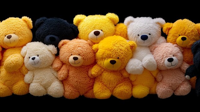 A group of teddy bears sitting in a row on a black background