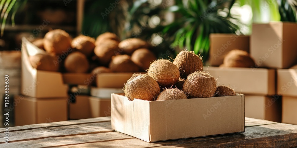 Poster a box of coconuts placed on a wooden table, surrounded by more coconuts in a natural setting.