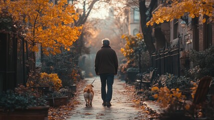 Man walking the dog early in the morning, showcasing the commitment and daily routine of pet ownership