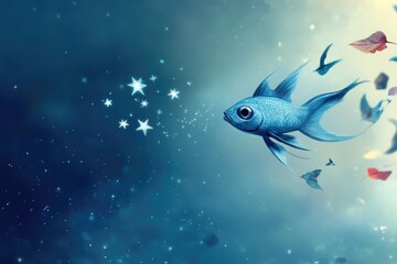 A surreal combination of fish and stars floating in a gentle breeze, symbolizing the connection between nature and imagination.