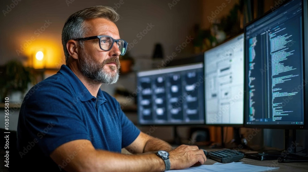 Poster a focused individual sits at a desk, typing on a keyboard while looking at dual screens filled with 