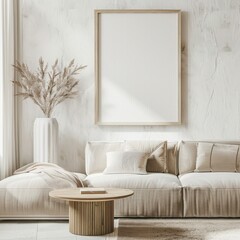 A minimalist living room interior with a beige sofa, wooden coffee table, and a large blank poster frame