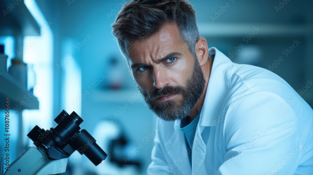 Poster scientist with a beard intently observes samples through a microscope in a well-lit laboratory. ambi