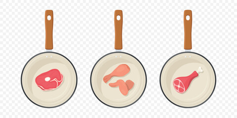 Flat Vector Top View Skillet With Steak, Chicken Leg And Wing, Meat Shank On Bone. Frying Pan Illustration. Cooking Pan With Meat, Steak In Pan, Chicken Wing, Meat Shank. Culinary Art