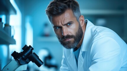 scientist with a beard intently observes samples through a microscope in a well-lit laboratory. ambiance suggests a busy afternoon filled with research activities