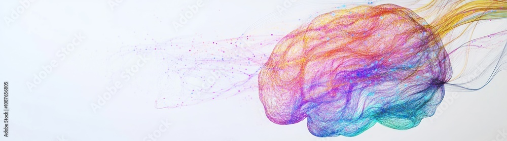 Poster abstract representation of a brain with colorful flowing lines, symbolizing creativity and thought.
