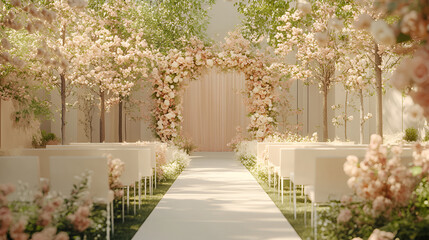 Flower arch. Wedding floral decorations. Arch for the ceremony. Place for guests. Summer playground in the garden.
