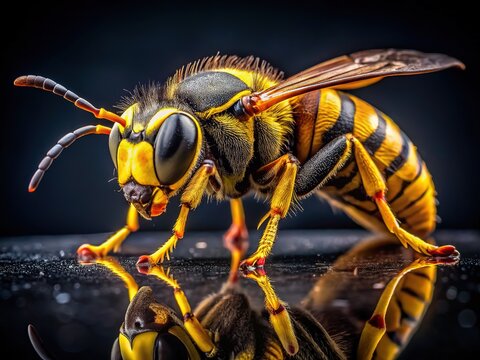 Yellow Digger Wasp Macro Close-up Black Background Food Photography