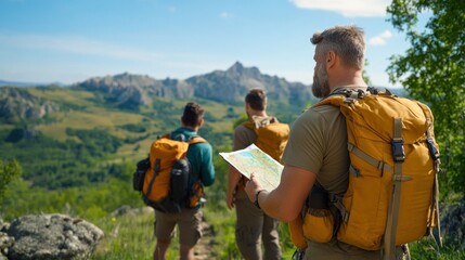 Naklejka premium trio of hikers with backpacks studies a map on a trail in a mountainous area, enjoying the stunning views and preparing for their adventure in nature