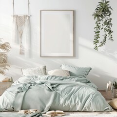 A minimalist bedroom interior with a white wall, a bed with white linens and a green blanket, a hanging macrame plant holder, and a framed picture