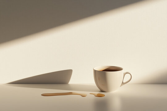 A single coffee cup on an empty table, slightly tipped over with a few spilled droplets, Clean, white background with nothing but the table and the cup, casting long shadows