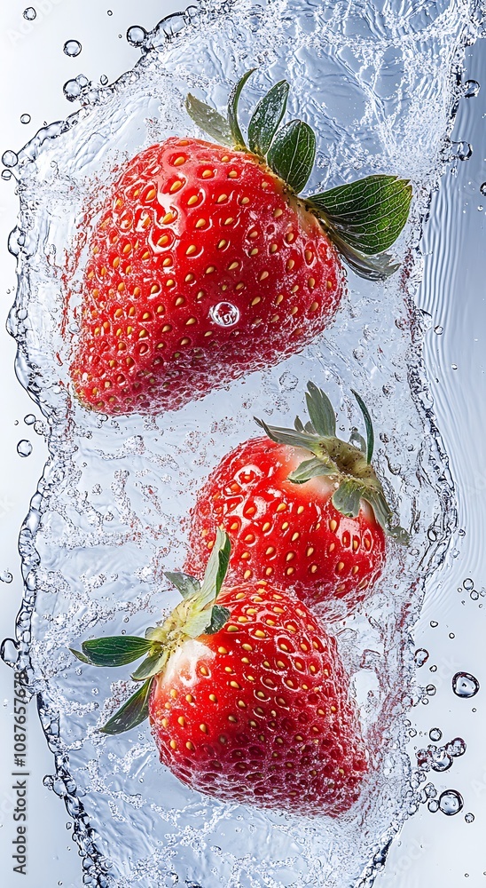 Poster vibrant red strawberries splashing in clear water : generative ai