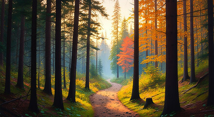Fototapeta premium Hiking trail in the autumn fall, mature trees, vibrant colors, dense forest, wooded nature landscape