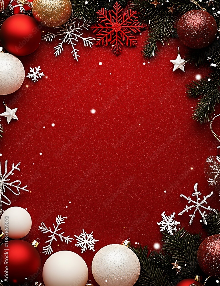 Aufkleber red and white christmas frame with ornaments glittering on pine needle background : generative ai