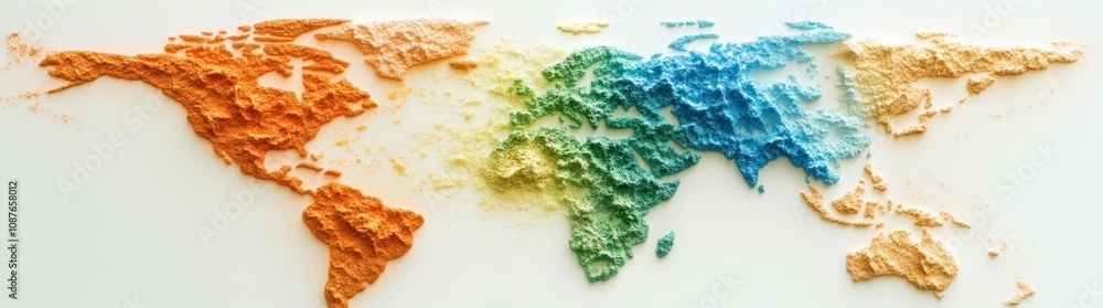 Poster a colorful topographic map of the world created with textured materials.