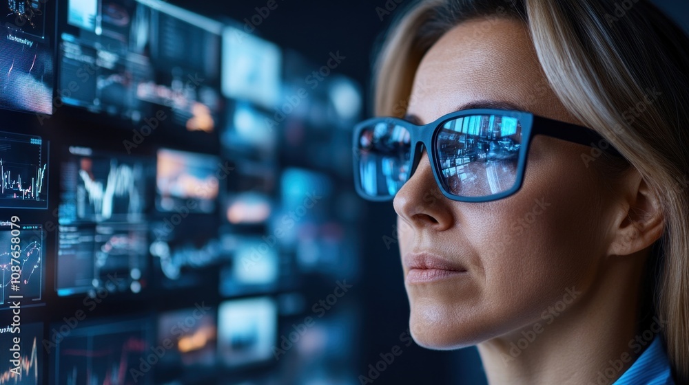 Poster dedicated professional examines complex financial data displayed on various screens. illuminated wor