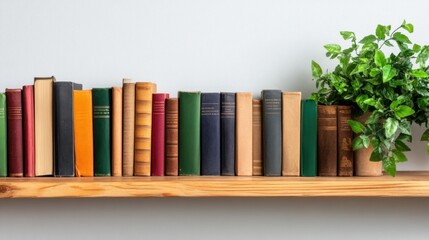 Naklejka premium collection of vintage books in various colors lines a wooden shelf, complemented by a green potted plant, creating a cozy atmosphere in a minimalistic setting