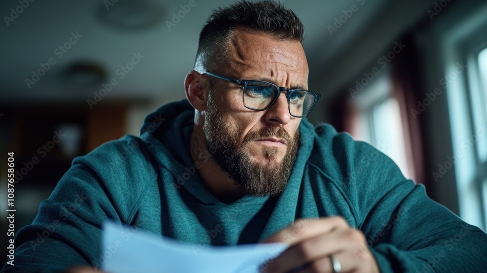 Aufkleber man with a beard and glasses is intently reading important documents while seated at a table in a wa
