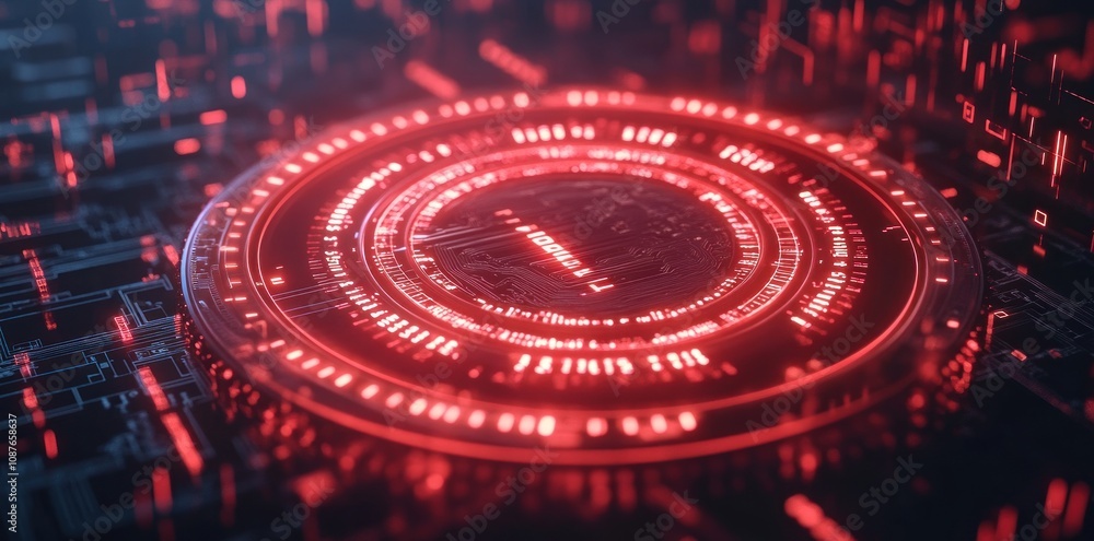 Poster a digital representation of cryptocurrency with a glowing red circular design.