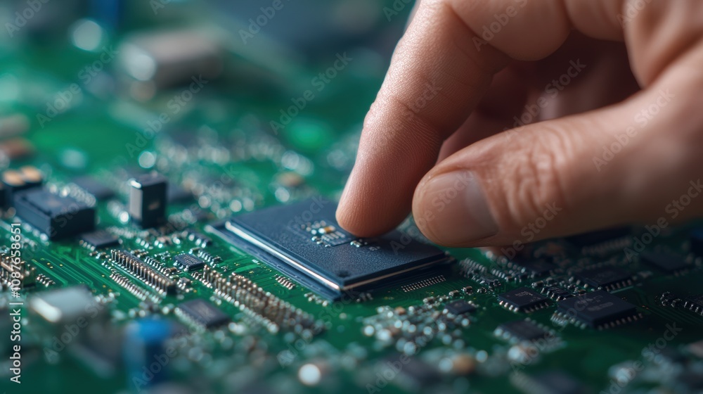Poster a technician focuses intently on installing a microchip onto a circuit board in a laboratory. variou