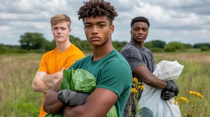 Three young volunteers stand together in an open field, each holding trash bags filled with waste. They display determination and teamwork while contributing to their community cleanup effort