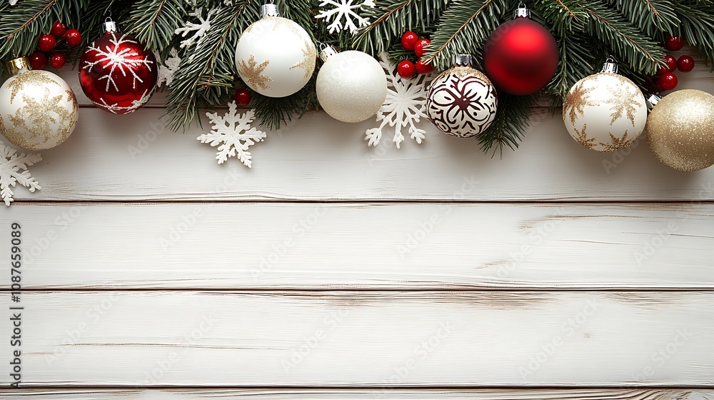 Poster rustic christmas layout with red and white ornaments and greenery on white wood : generative ai