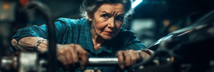 Obraz premium A strong woman mechanic works on a car in a well-equipped shop. Her focused expression and protective gear highlight her skill and the empowering atmosphere of the work environment, banner