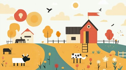Illustration of a farm with a red barn, cows, flowers, and a winding stream in a rural setting.
